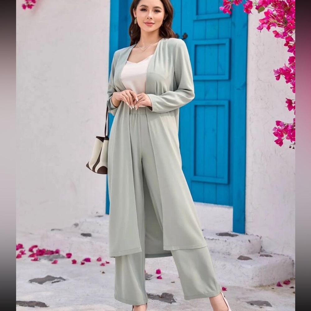 Solid Open Front Coat & Pants
